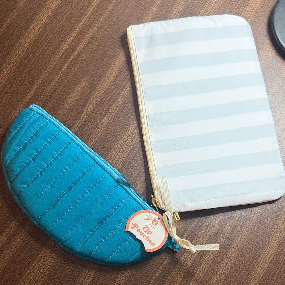 Blue Quilted Pouch and Striped Pouch Set